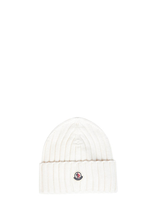 White ribbed wool knit beanie with logo patch