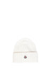 White ribbed wool knit beanie with logo patch