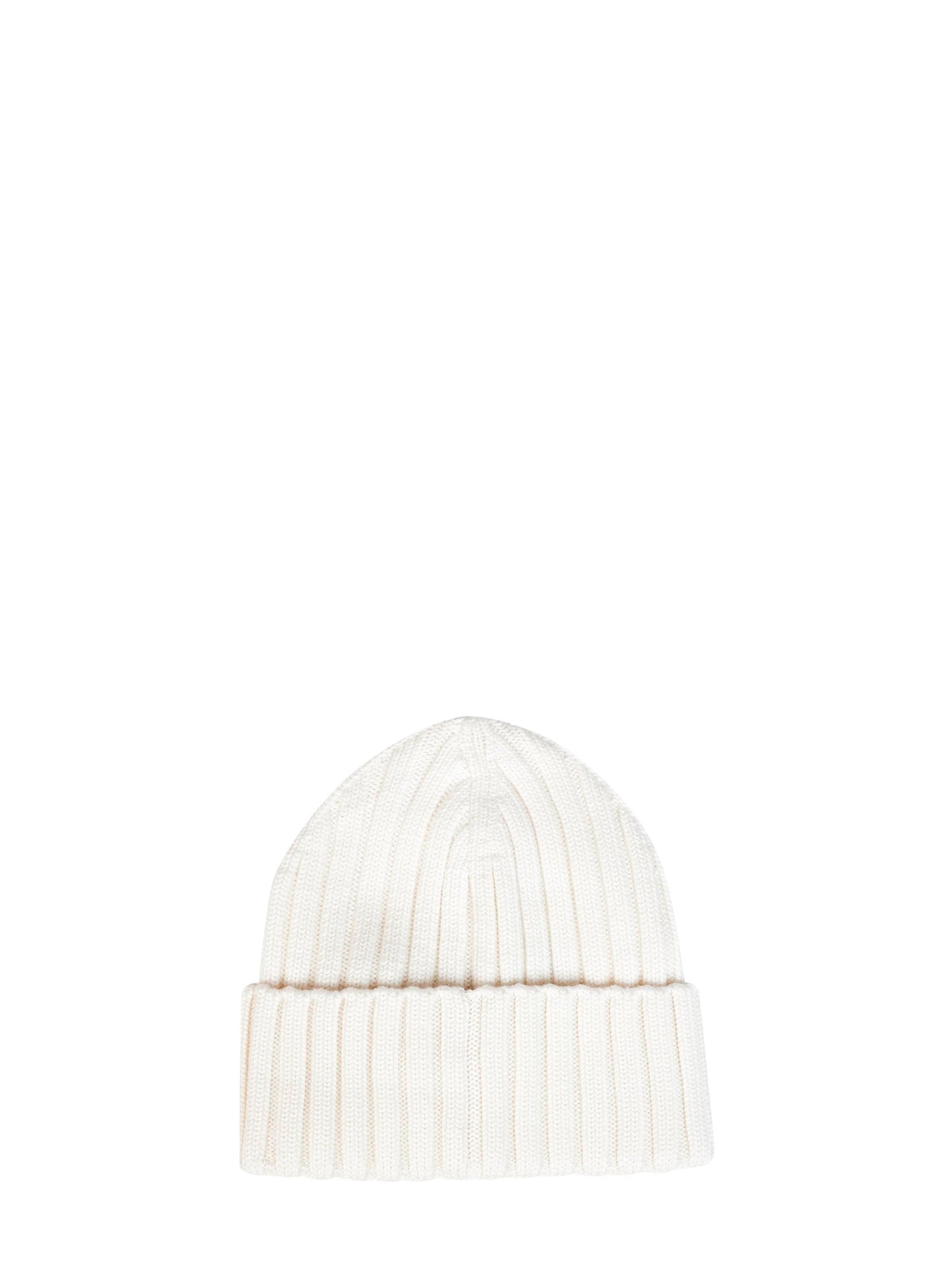 White ribbed wool knit beanie with logo patch