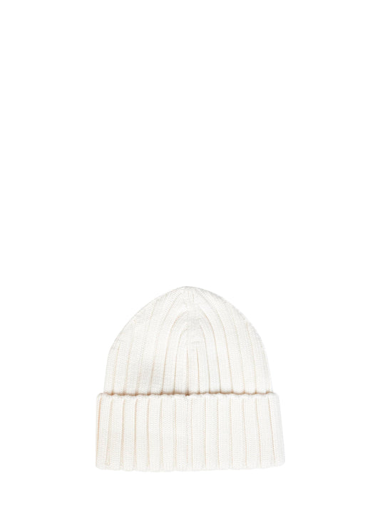 White ribbed wool knit beanie with logo patch