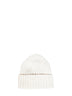 White ribbed wool knit beanie with logo patch