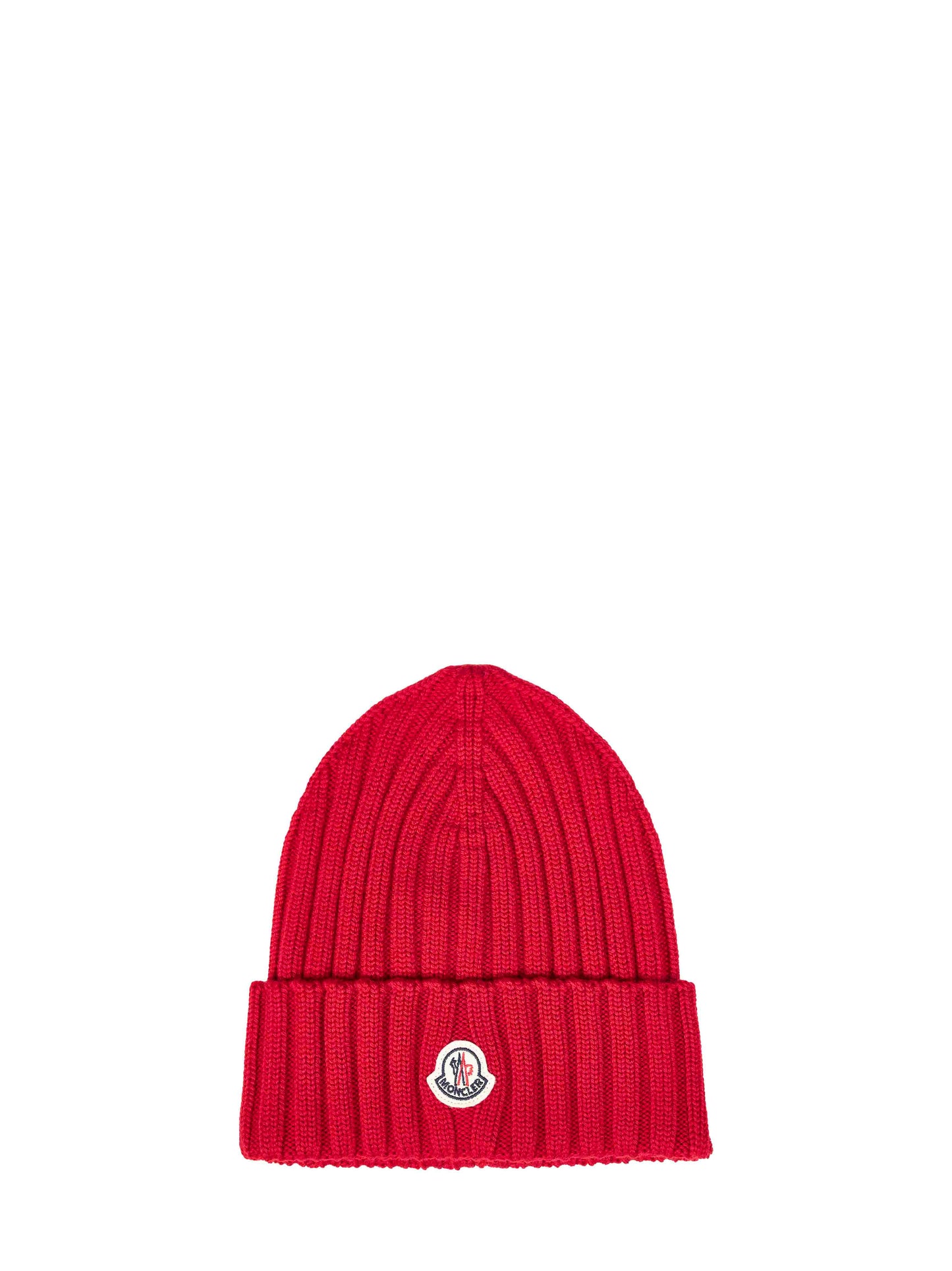 Red ribbed wool knit beanie with logo patch