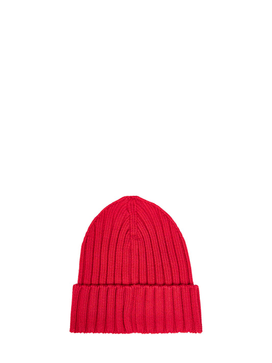 Red ribbed wool knit beanie with logo patch