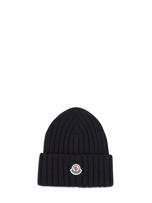 Berretto in maglia di lana a coste nera con patch logo