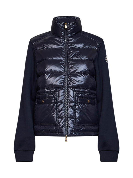 Navy blue fleece and padded nylon zip-up sweatshirt