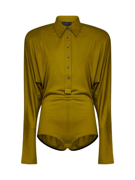 Olive green wool-blend jersey polo bodysuit