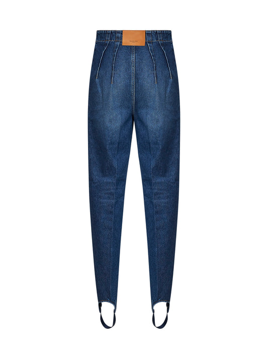 Blue denim cigarette jeans with stirrups