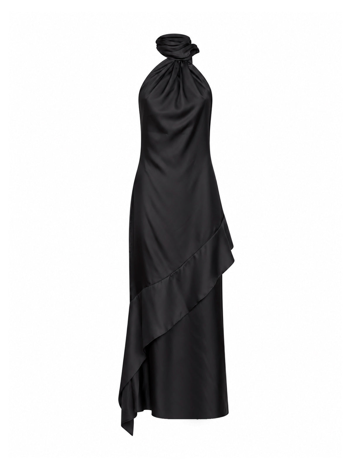 Abito midi fluido con sciarpa in twill di seta nero
