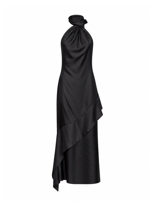 Abito midi fluido con sciarpa in twill di seta nero