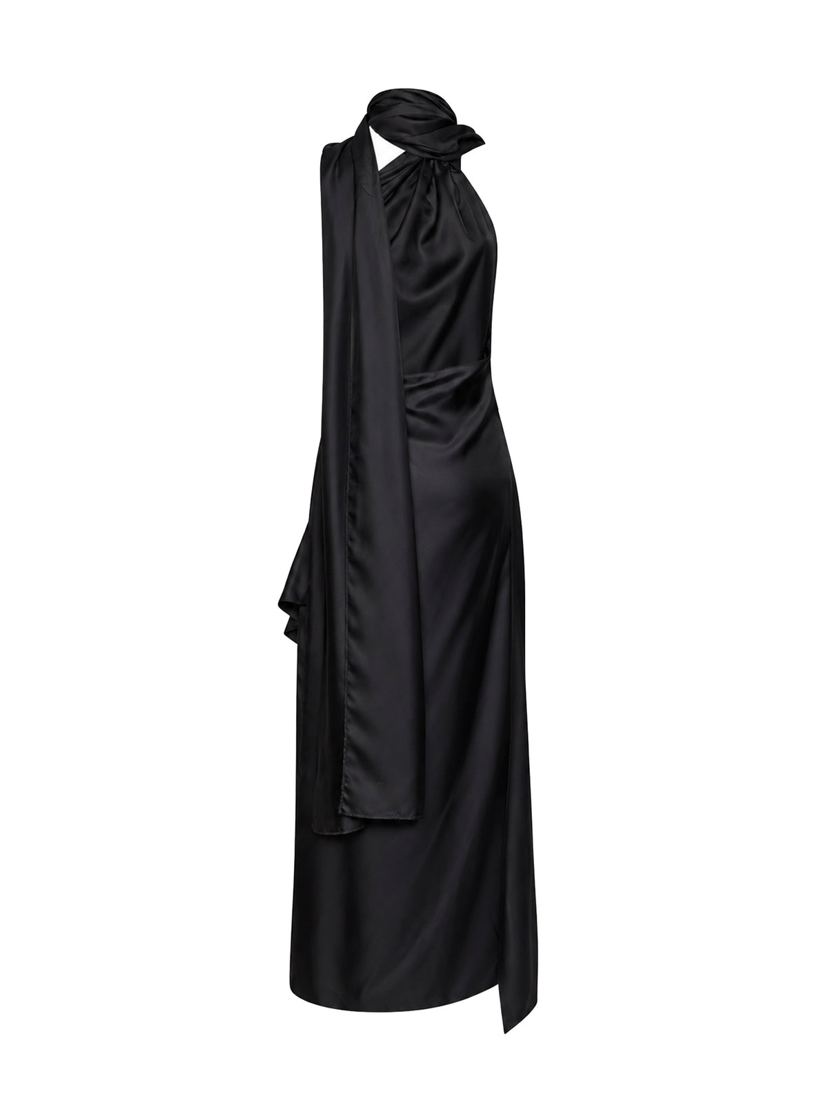 Abito midi fluido con sciarpa in twill di seta nero