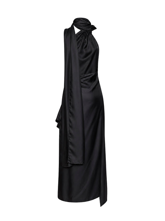 Abito midi fluido con sciarpa in twill di seta nero