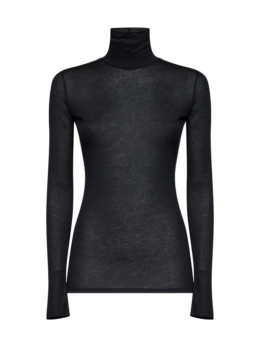 Black sheer modal and silk jersey turtleneck top