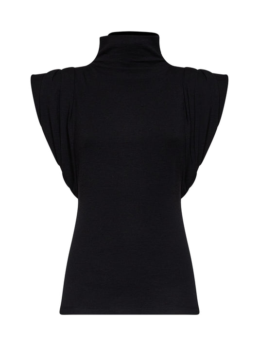 Black jersey draped sleeveless top