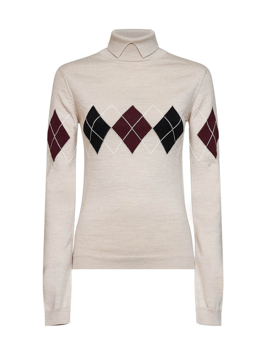 Beige Argyle-pattern virgin wool knit turtleneck sweater
