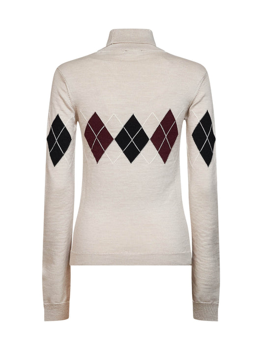 Beige Argyle-pattern virgin wool knit turtleneck sweater