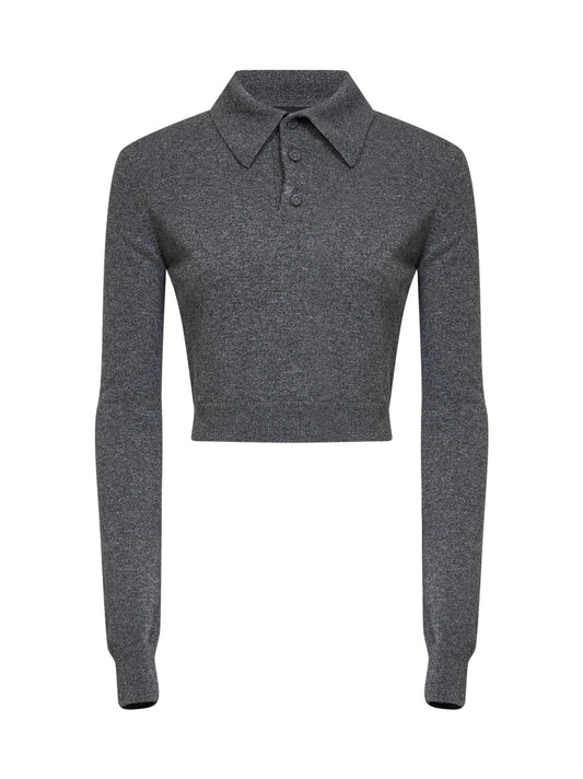 Heather grey cashmere knit cropped polo shirt