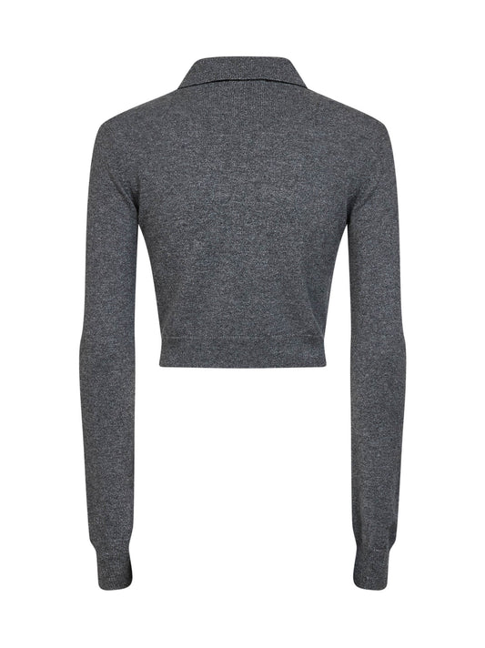 Heather grey cashmere knit cropped polo shirt