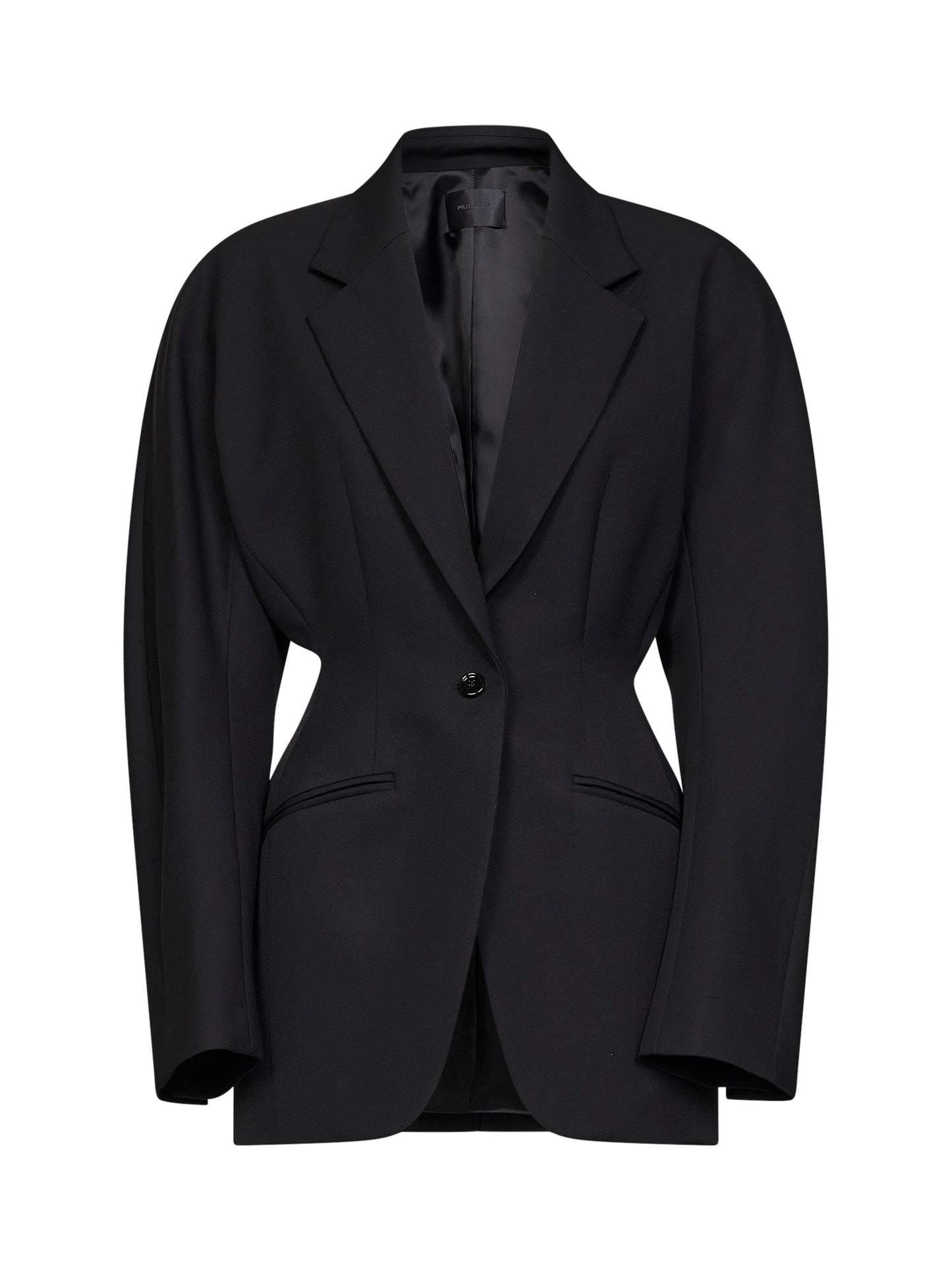 Black lightweight virgin wool deconstructed cinched blazer