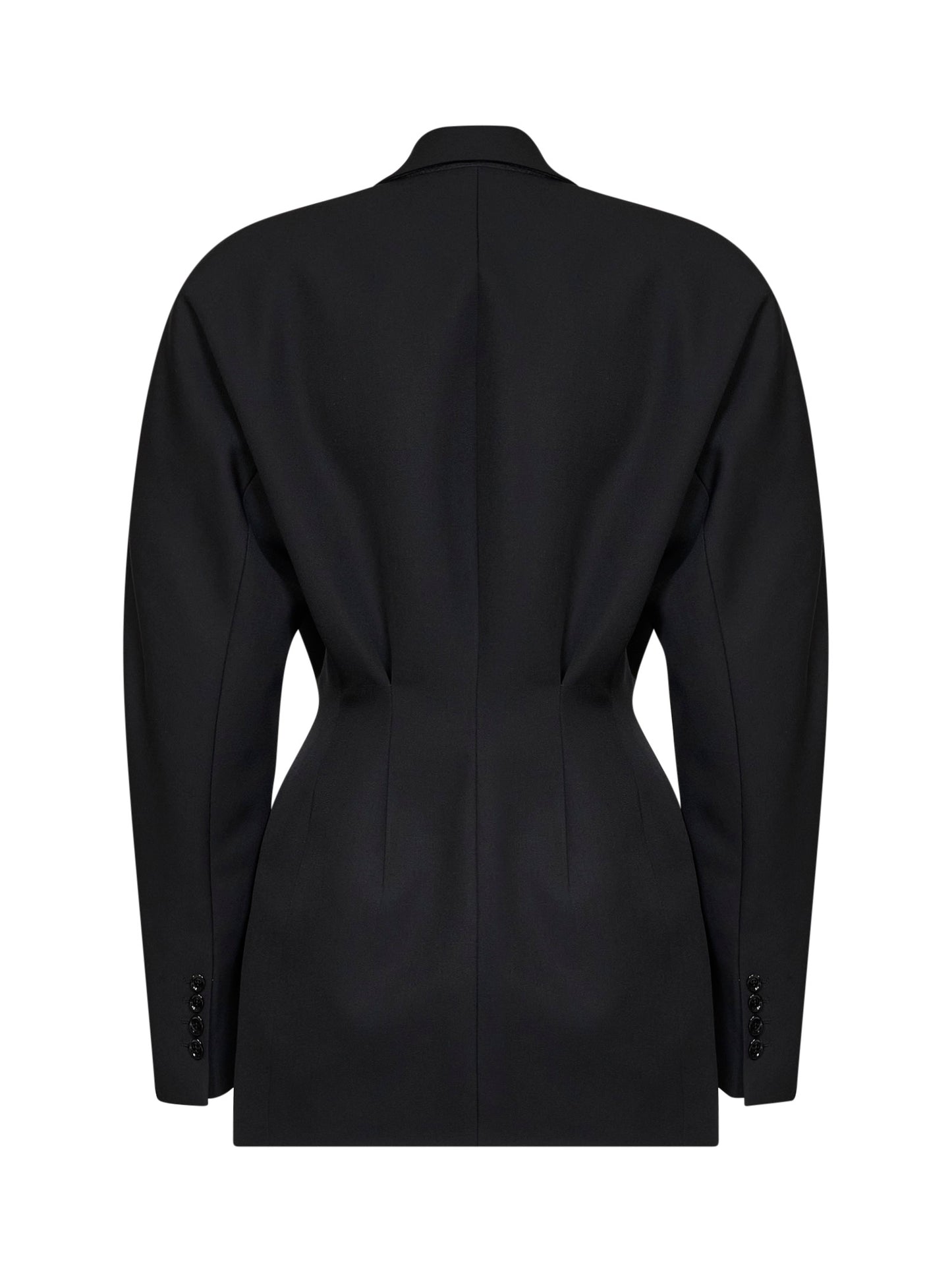 Black lightweight virgin wool deconstructed cinched blazer