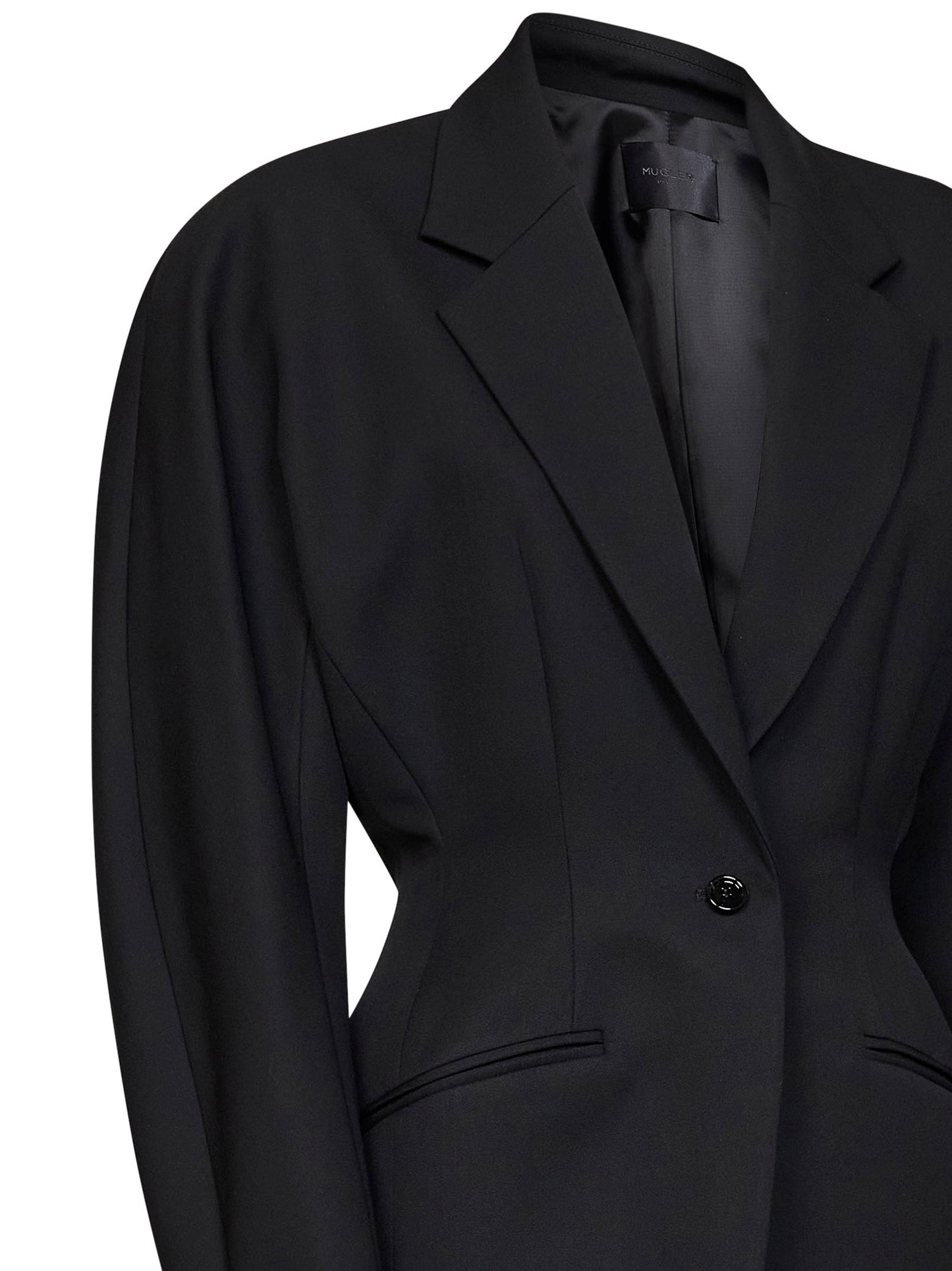 Black lightweight virgin wool deconstructed cinched blazer