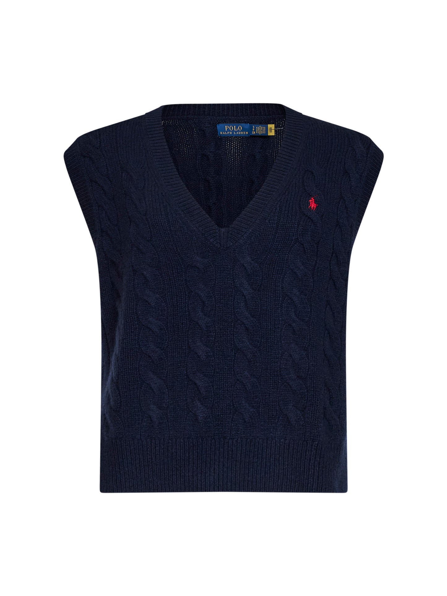 Navy blue wool and cashmere cable-knit vest<BR/>