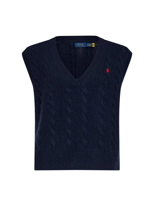 Navy blue wool and cashmere cable-knit vest<BR/>