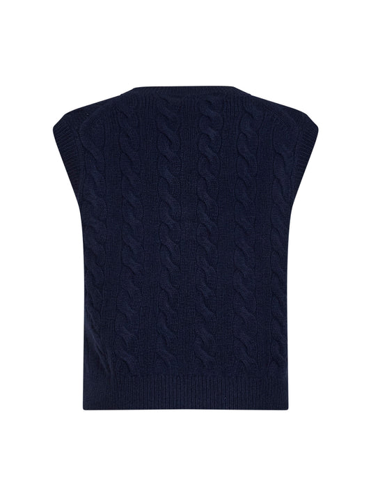 Navy blue wool and cashmere cable-knit vest<BR/>