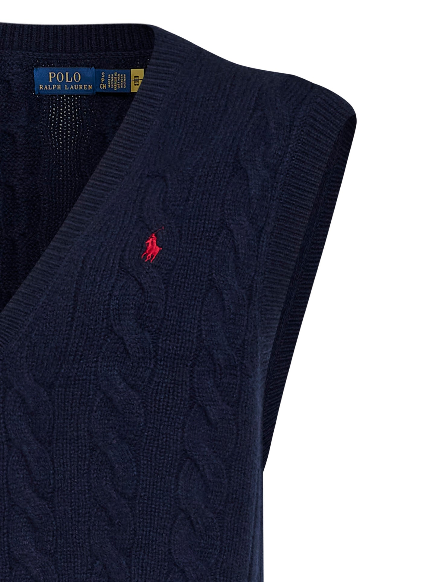 Navy blue wool and cashmere cable-knit vest<BR/>