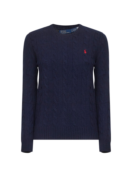 Blue cable knit wool and cashmere sweater
