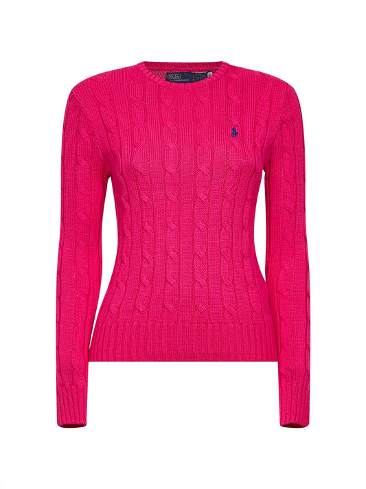 Maglia girocollo in cotone a trecce fucsia