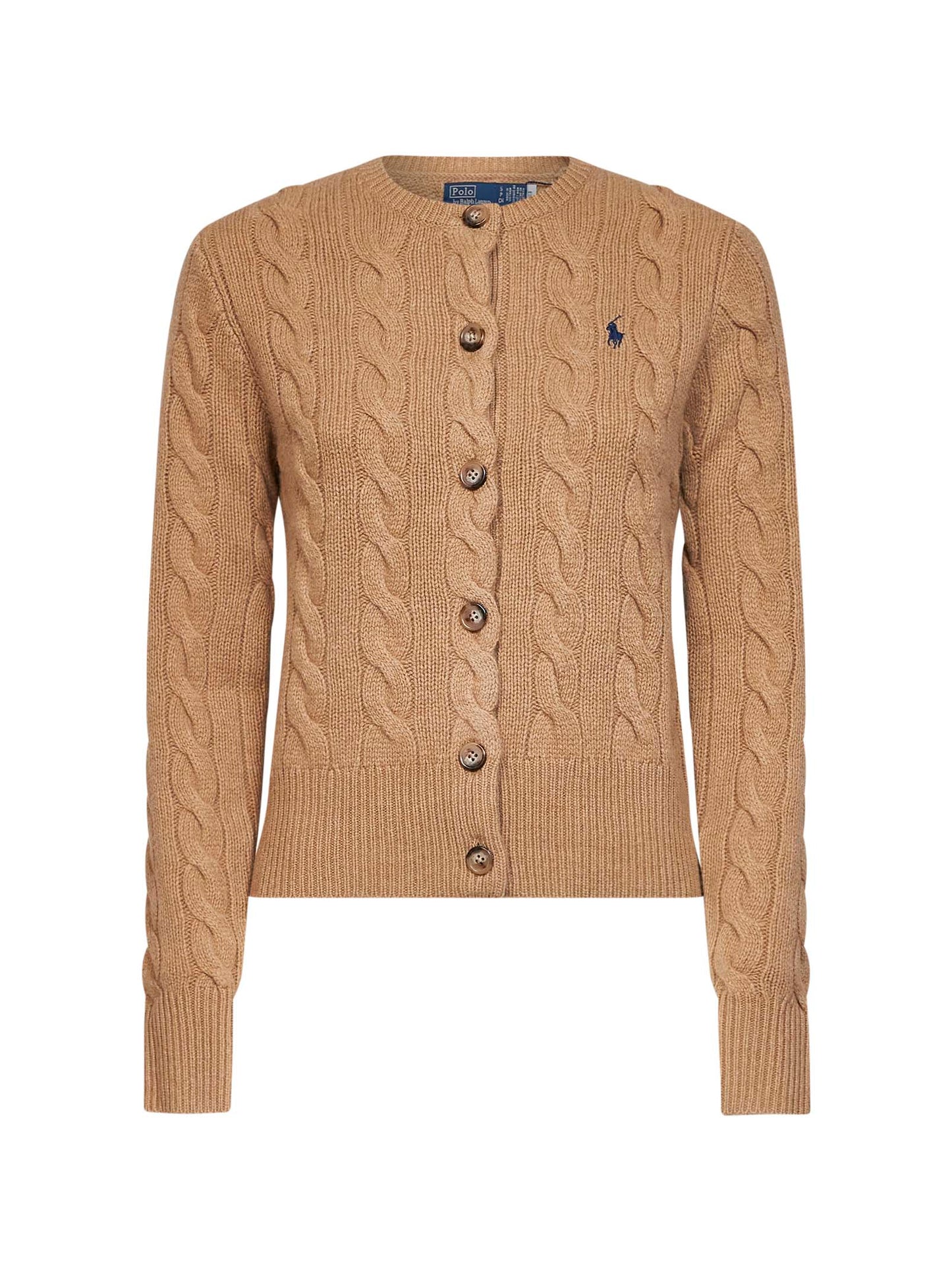 Cardigan a trecce in lana e cashmere cammello