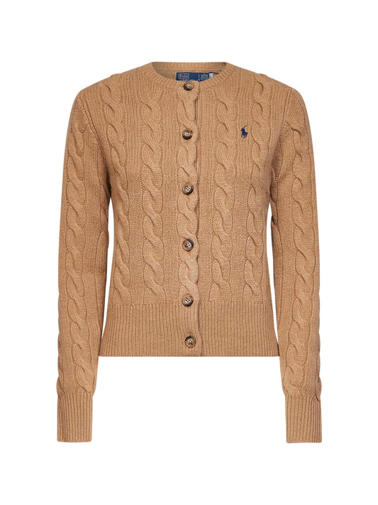 Cardigan a trecce in lana e cashmere cammello