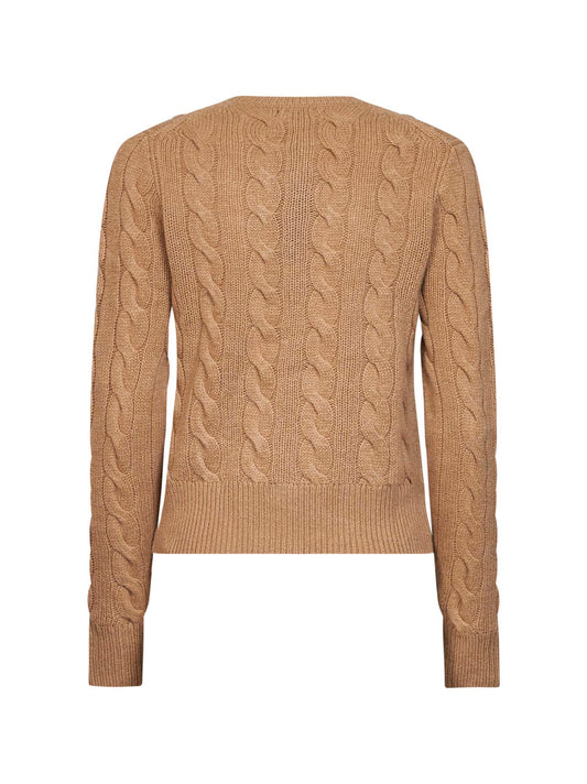 Cardigan a trecce in lana e cashmere cammello