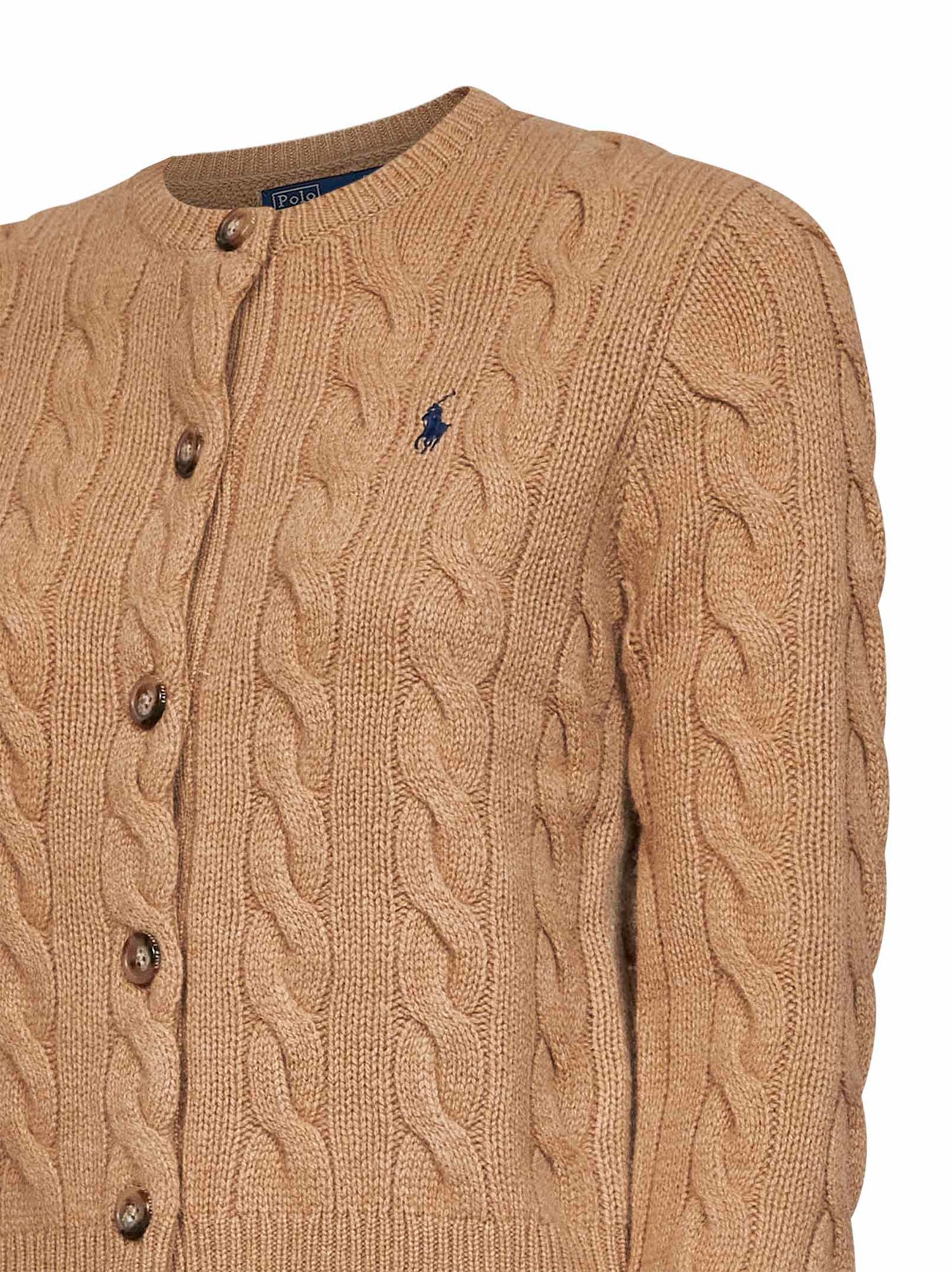 Cardigan a trecce in lana e cashmere cammello