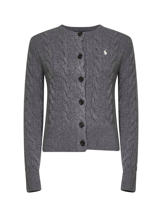 Flannel grey heather wool and cashmere cable knit cardigan