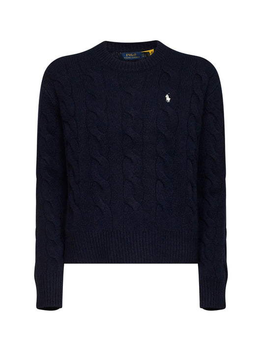 Maglia girocollo in lana e cashmere a trecce blu navy