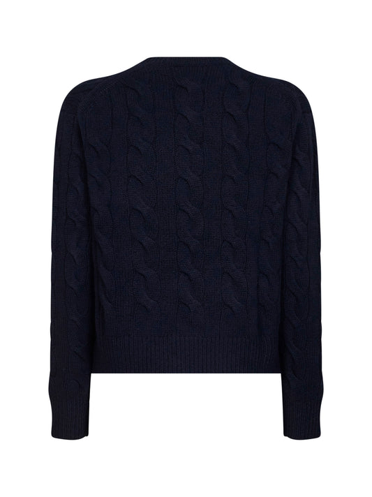 Maglia girocollo in lana e cashmere a trecce blu navy
