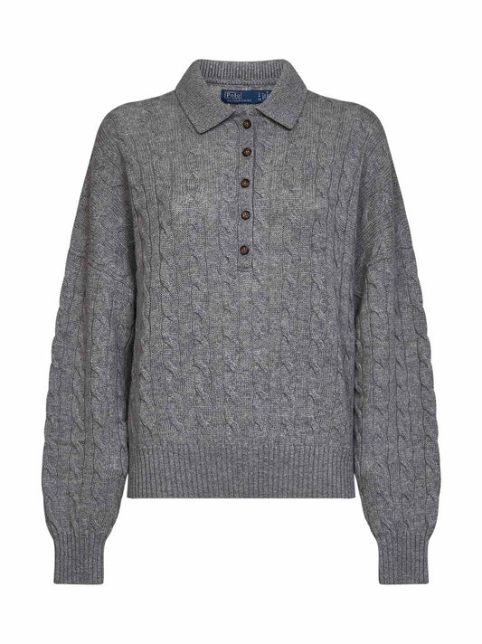 Maglia polo in lana e cashmere a trecce grigio