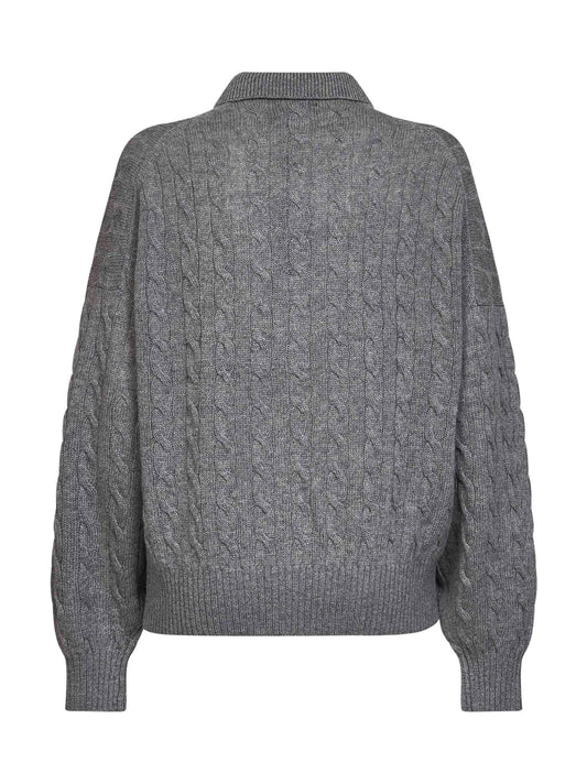 Maglia polo in lana e cashmere a trecce grigio