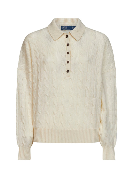 Maglia polo in lana e cashmere a trecce crema