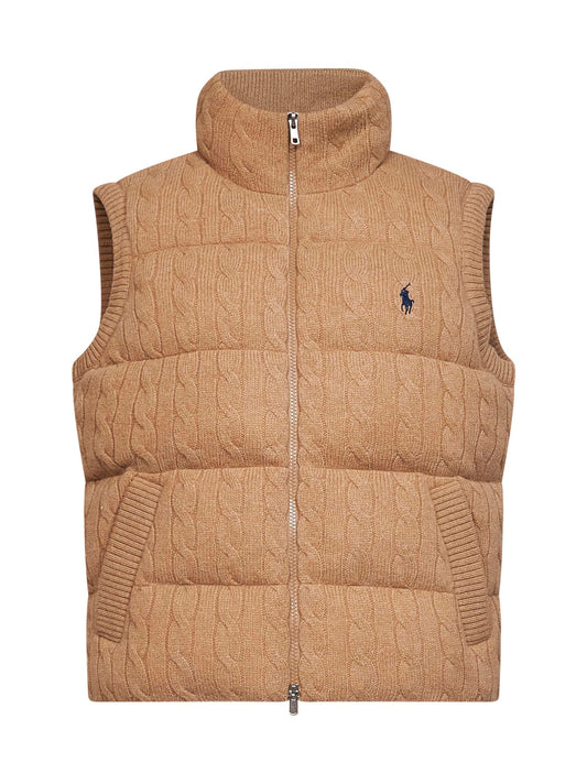 Gilet imbottito in lana e cashmere a trecce cammello