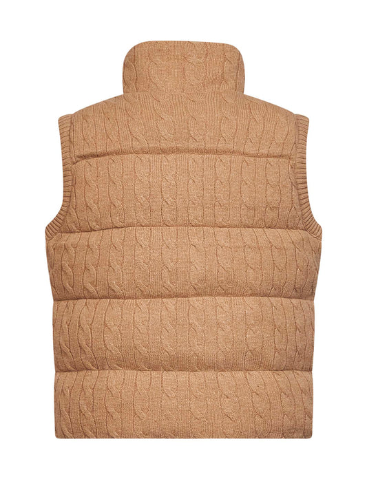 Gilet imbottito in lana e cashmere a trecce cammello