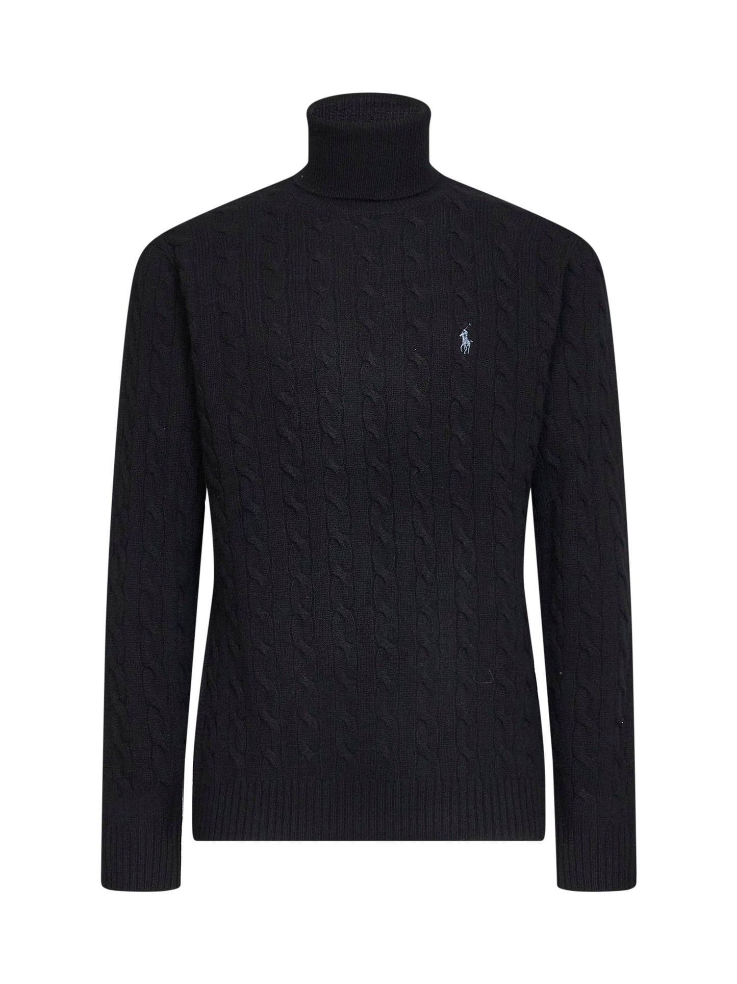 Black cable-knit wool and cashmere turtleneck sweater