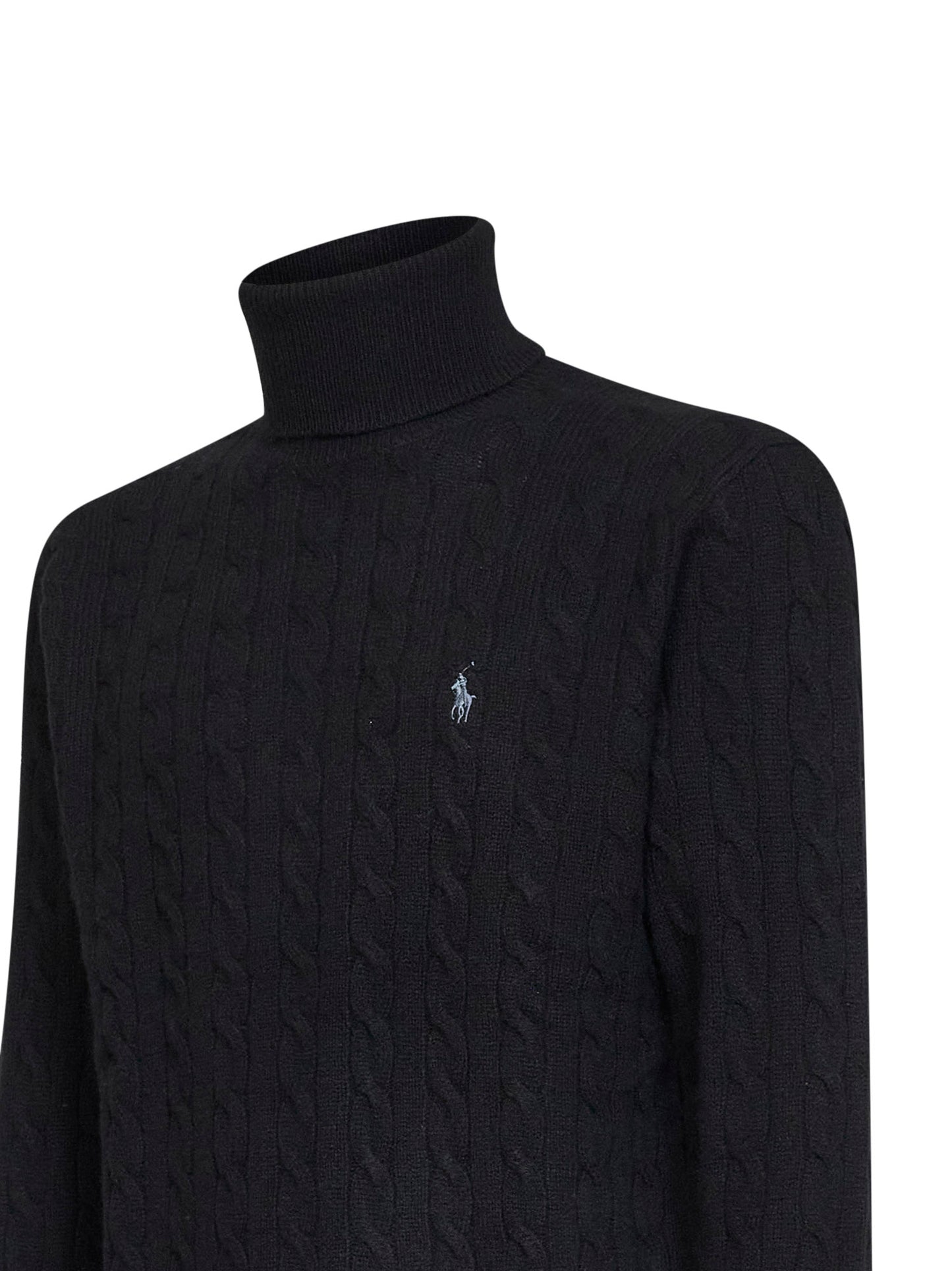 Black cable-knit wool and cashmere turtleneck sweater