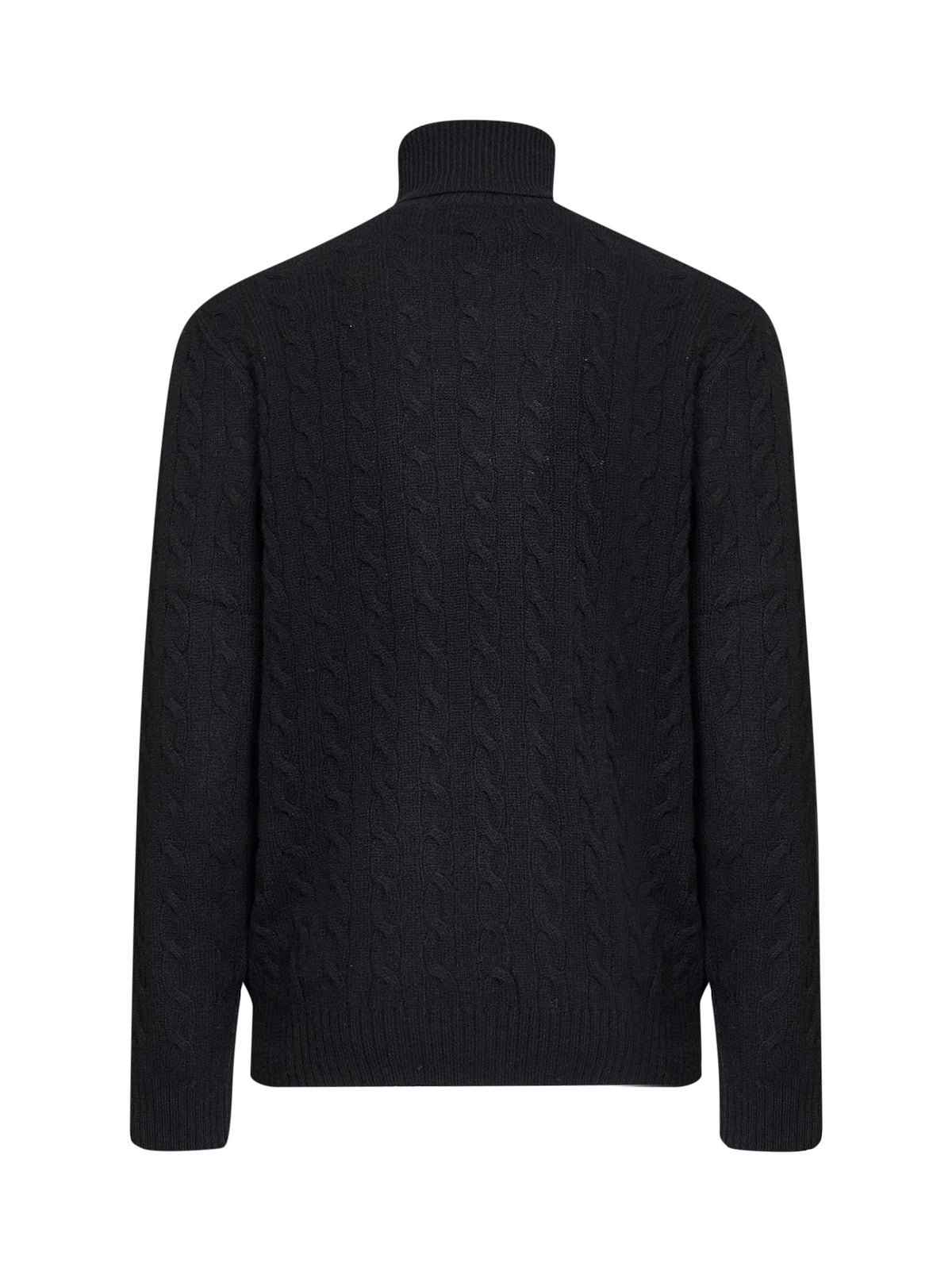 Black cable-knit wool and cashmere turtleneck sweater