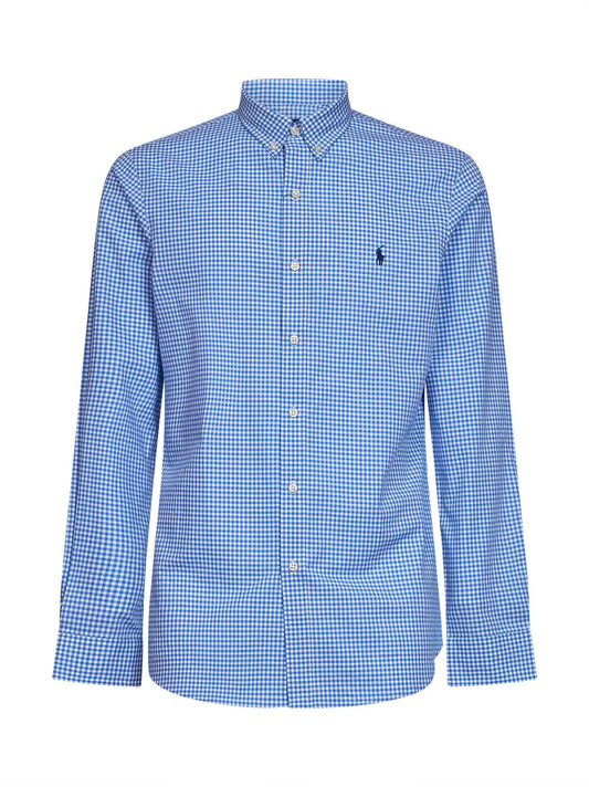 Blue and white stretch poplin Slim-Fit checked shirt