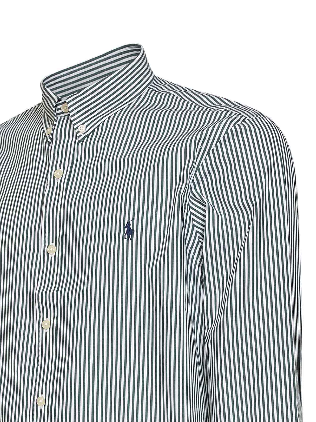 Green and white striped slim-fit Oxford shirt