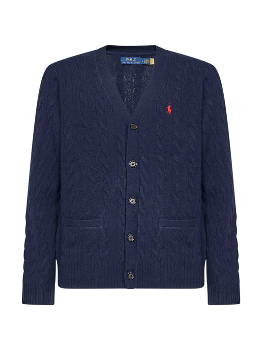 Cardigan in lana e cashmere a trecce blu navy