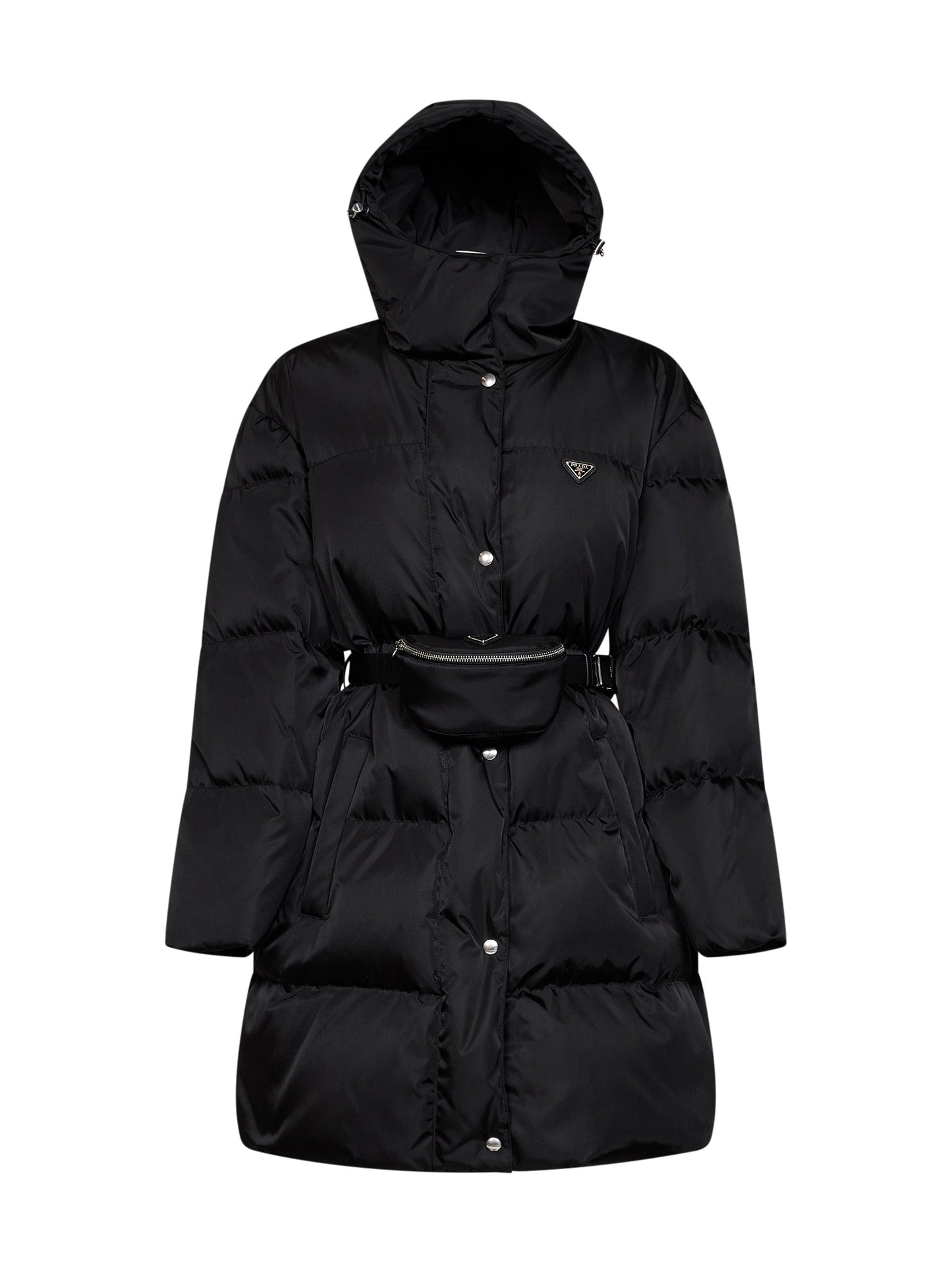 Piumino midi con cappuccio e marsupio in Re-Nylon nero