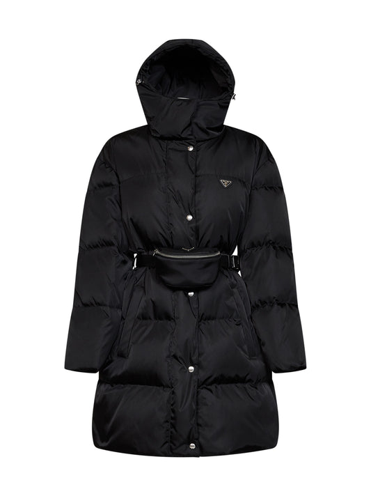 Black Re-Nylon midi hooded down jacket with fanny pack